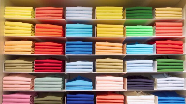 Multi coloured polo shirts on eight shelves stacked in a store. A collection of polo shirts and sweaters in all colors inside a wardrobe. Selection of colourful shirts forming a rainbow of colors