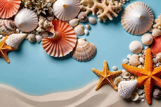 Seashells and coral reef with copy-space frame background concept, blank space.