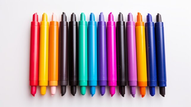 A group of assorted colored markers on a solid white background