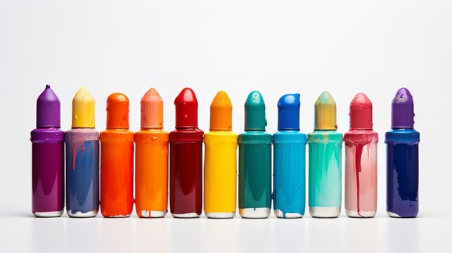 A group of assorted colored paint tubes on a solid white background