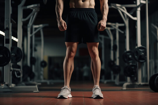 Muscular Young Man Standing in the Gym and Flexing Legs Close Up