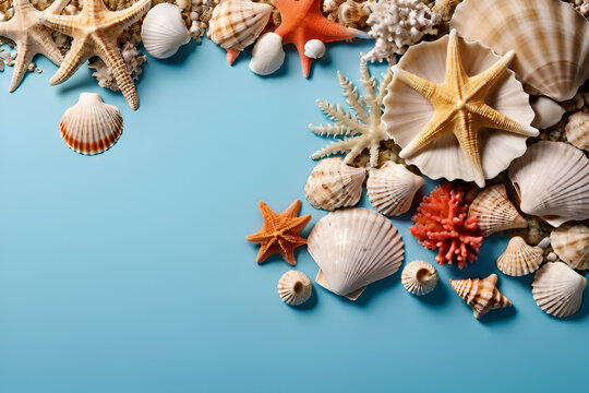 Seashells and coral reef with copy-space background concept, blank space.