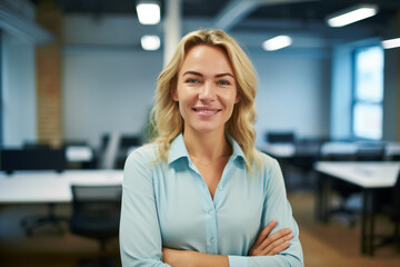 Office Portrait of Cheerful Caucasian Businesswoman