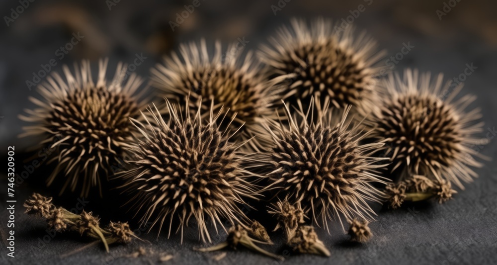 Poster  Spiky seed pods in close-up, showcasing intricate textures and patterns