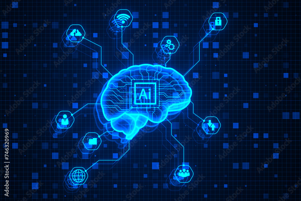 Poster glowing blue digital brain hologram on dark grid wallpaper. ai and machine learning concept. 3d rend