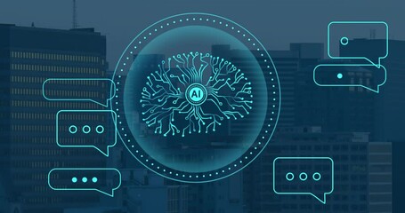 Animation of ai text, human brain and digital data processing over cityscape - Powered by Adobe