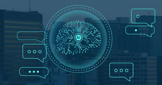 Animation of ai text, human brain and digital data processing over cityscape