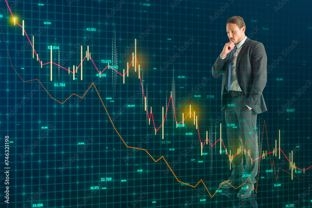 Poster abstract image of thoughtful businessman with falling business chart on blurry grid background. cris