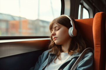 One teenage girl is traveling by train and listening music