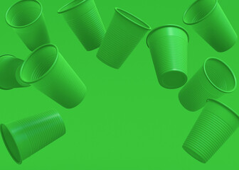 Set of plastic disposable party cup for juice, fresh, beer on monochrome green