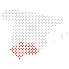 Andalusien in Spanien: Spanienkarte aus grauen Punkten mit roter Markierung