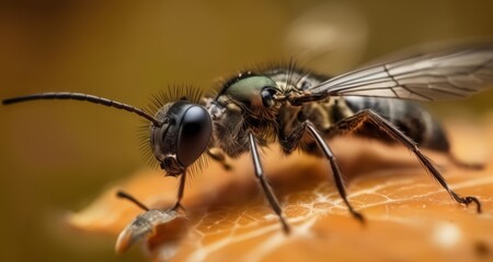 Fototapeta premium Close-up of a bee on a leaf, showcasing its intricate details