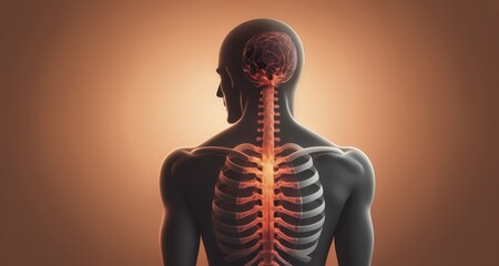  Illustration of a human spine and brain with glowing highlights
