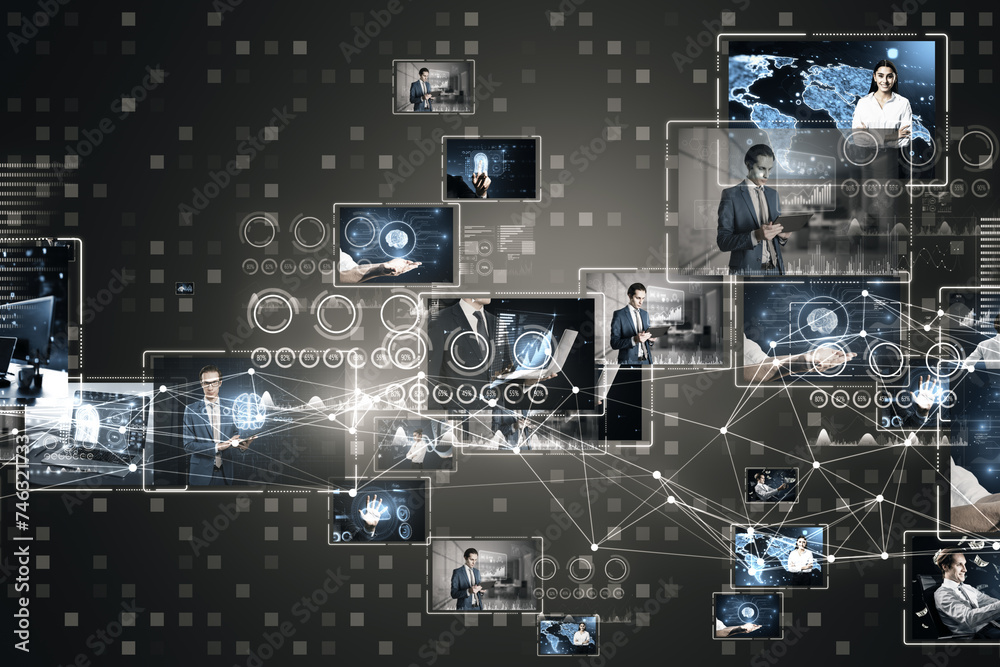 Poster Complex digital ecosystem with interconnected professional media platforms on a grid background