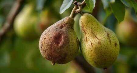  Fresh pears hanging from tree, ready for harvest