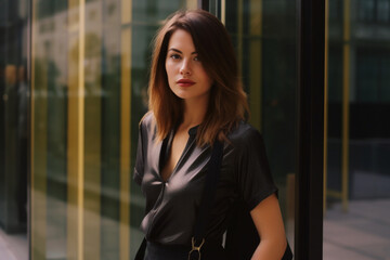 Outdoor Portrait of a Beautiful Young Woman, Casually Dressed, Standing in front of a Golden Glass Background