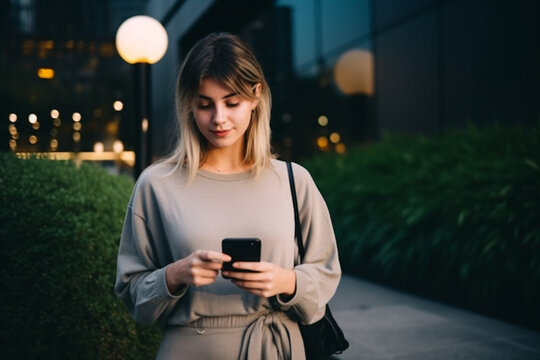 Outdoor Portrait of a Beautiful Urban Young Caucasian Woman Looking at Her Mobile Phone
