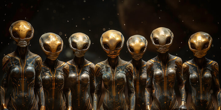 Group of alien, science fiction of extraterrestrial invasion, visit of the greys, conspiracy of paranormal civilization 