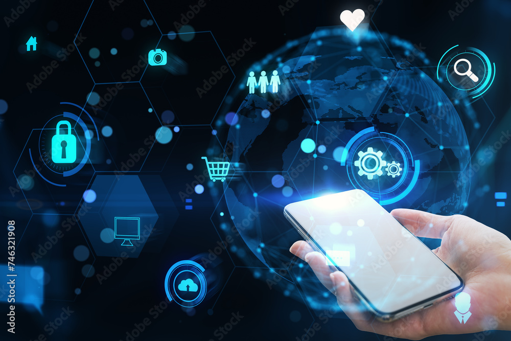 Poster Hand holding smartphone with icons of global network connection, innovative technology in science and communication concept
