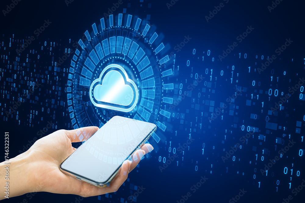 Fototapete Close up of female hand holding white smartphone with creative glowing cloud computing hologram with binary coding on dark blue background. Digital server, support and network concept.