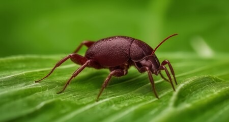  A close-up of a vibrant red beetle on a green leaf