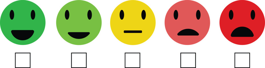 Emotion feedback scale. Includes such emoticon as angry, sad, neutral, joy and happy expression, arranged into a horizontal row. Customer's service and evaluation review sign.