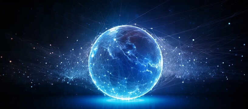 internet world in background stock imagery, in the style of dynamic energy flow, layered mesh, dark sky-blue, shaped canvas, focus on joints/connections, luminous color palette, global illumination