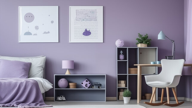 Fototapeta Lawendowy przytulny pokój nastolatka w stylu boho - obrazy na ścianie. Fioletowe kolory wnętrza. Render 3d. Wizualizacja mockup
