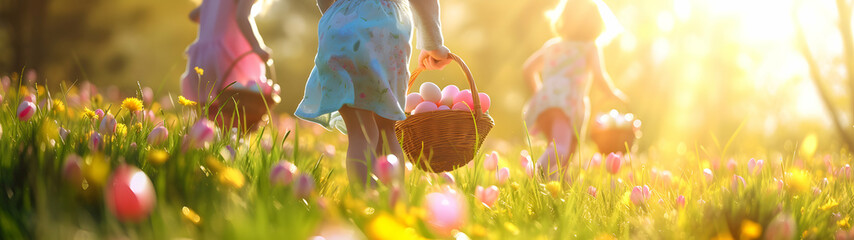 Children holding baskets with colorful Easter eggs in a meadow with grass and spring flowers. Celebration, Tradition, Happiness and Childhood concept.