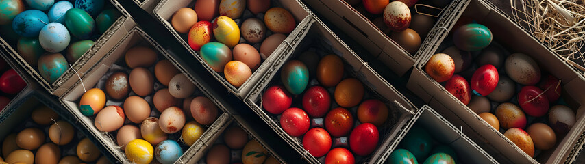 Boxes and baskets full of colorful Easter eggs. Top view, abstract background, horizontal, banner.