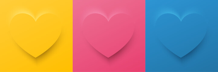 Set of abstract 3D heart, different color 3D heart shape frame design. Collection of geometric backdrop for cosmetic product display. Top view. Vector illustration