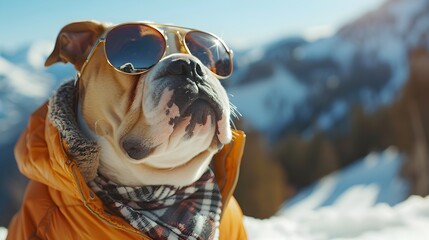 Bulldog Wearing Sunglasses in Winter Jacket