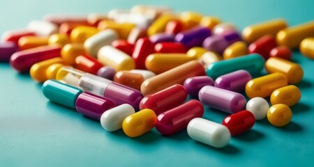  Vibrant assortment of colorful pills on a blue background