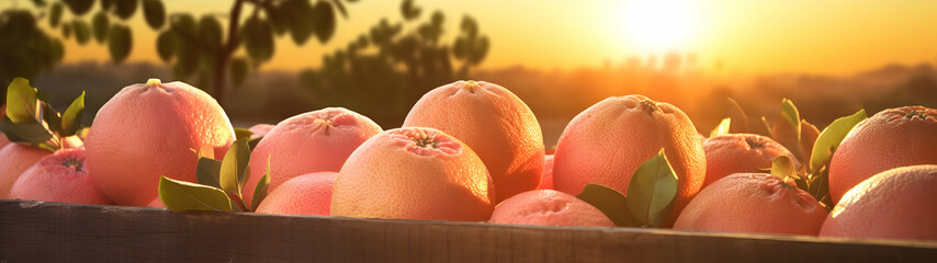 Grapefruits harvested in a wooden box with orchard and sunshine in the background. Natural organic fruit abundance. Agriculture, healthy and natural food concept. Horizontal composition, banner. - obrazy, fototapety, plakaty