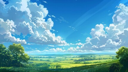 A sunny day with clear blue skies and fluffy white clouds, casting vibrant shadows on the landscape below.