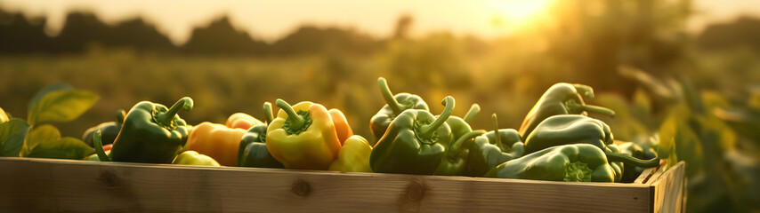 Green bell peppers harvested in a wooden box with field and sunset in the background. Natural organic fruit abundance. Agriculture, healthy and natural food concept. Horizontal composition, banner.