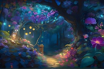 Obraz na płótnie Canvas A radiant garden using glowing lights. Employ a variety of colors to depict blooming flowers, twisting vines, and create a luminous, fantastical landscape