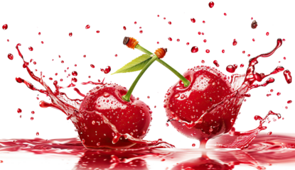 ripe red cherries in a splash of cherry juice on a transparent background. cut PNG file