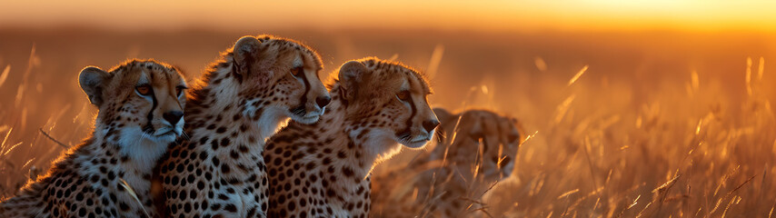 Cheetah standing in the savanna with setting sun shining. Group of wild animals in nature. Horizontal, banner.