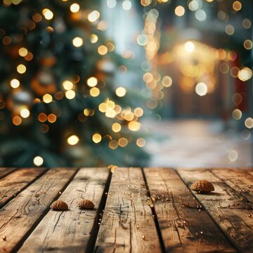 Empty Wooden holiday table with blurred bokeh background