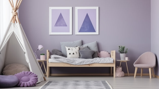 Fototapeta Lawendowy przytulny pokój dziecka w stylu boho - obrazy na ścianie. Fioletowe kolory wnętrza. Render 3d. Wizualizacja mockup