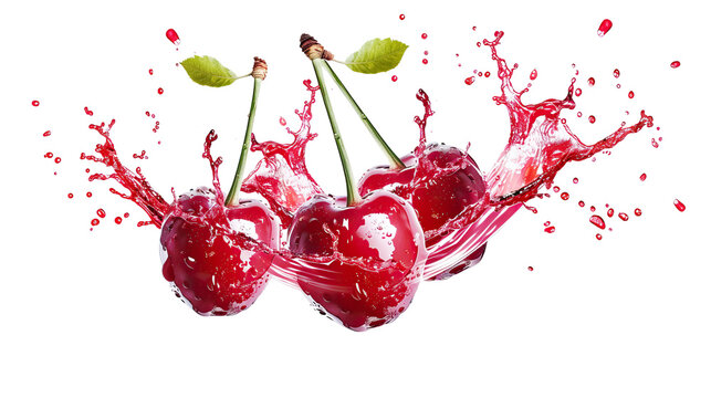 ripe red cherries in a splash of cherry juice on a transparent background. cut PNG file