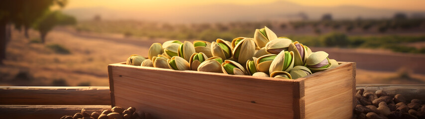Pistachio nuts harvested in a wooden box in a plantation with sunset. Natural organic fruit abundance. Agriculture, healthy and natural food concept. Horizontal composition, banner.