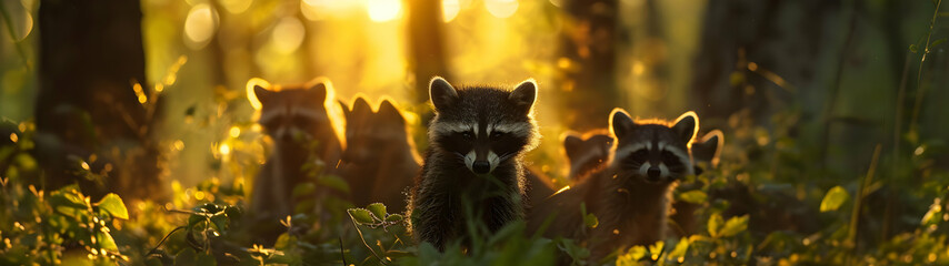 Racoon dog family in the forest with setting sun shining. Group of wild animals in nature....