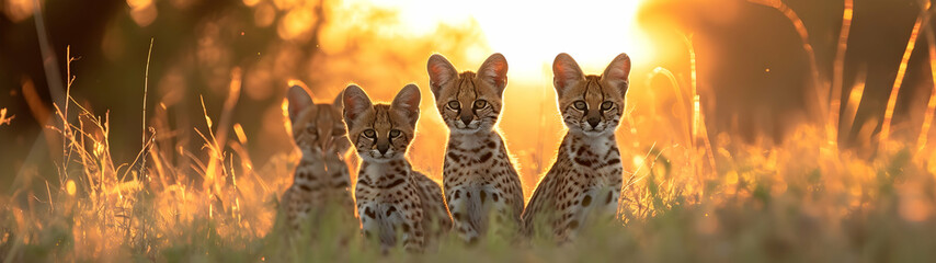 Serval family in the savanna with setting sun shining. Group of wild animals in nature. Horizontal,...