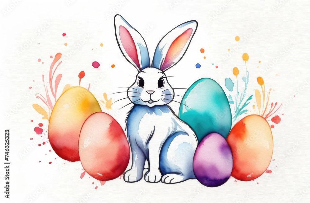 Wall mural Easter bunny with colorful eggs on a white background. Watercolor illustration - Wall murals