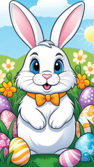 Cartoon Easter bunny with colorful eggs on the meadow