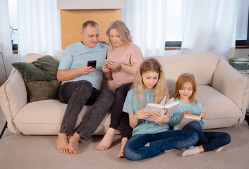 parents use gadgets. Family at home. Digital detox