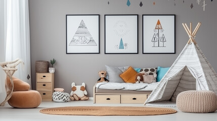 Jasny przytulny pokój dziecka w stylu boho - obrazy na ścianie. Szare kolory wnętrza. Render 3d. Wizualizacja mockup