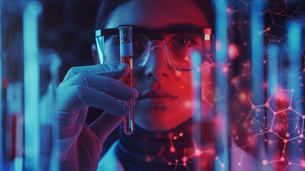 scientist holding medical testing tubes or vials of medical pharmaceutical research with blood cells and virus cure using DNA genome sequencing biotechnology 